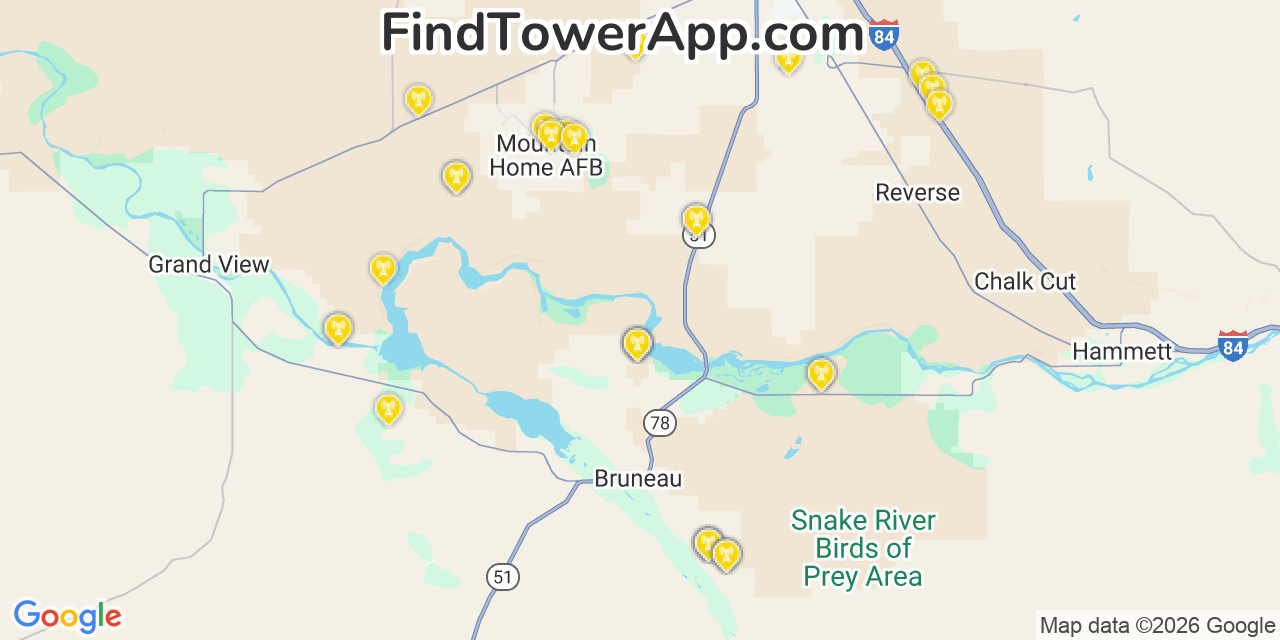 Map showing the 31 primary T-Mobile cell tower locations detected in Bruneau, Idaho with coverage radius and signal strength indicators
