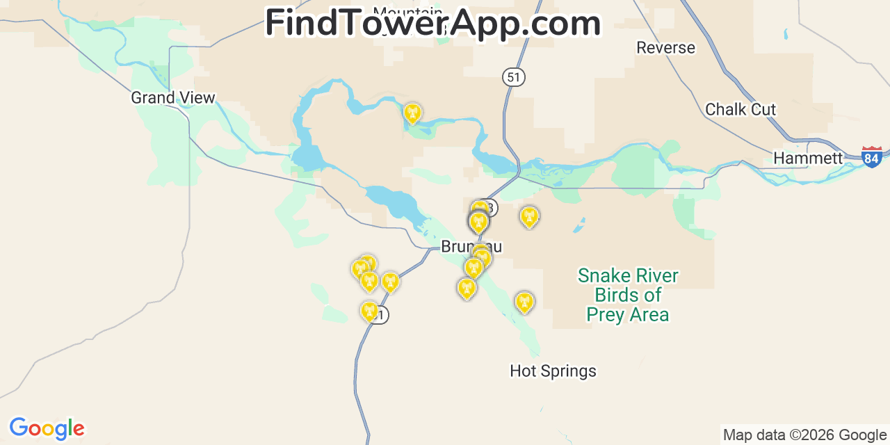 Map showing the 29 primary Verizon cell tower locations detected in Bruneau, Idaho with coverage radius and signal strength indicators