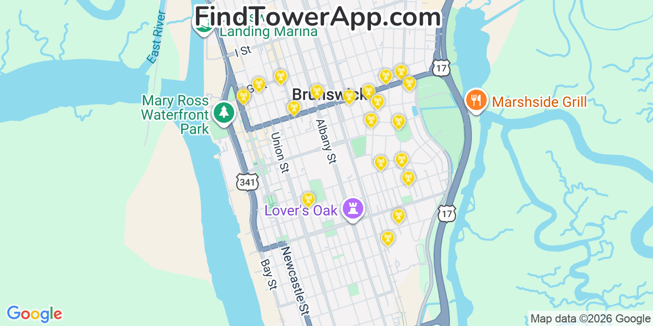 Map showing the 20 primary cell tower locations detected in Brunswick, Georgia from AT&T, Verizon, and T-Mobile networks