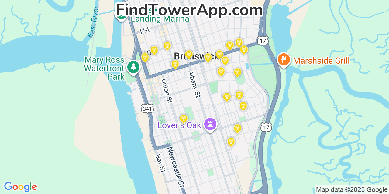 Map showing the 20 primary Mobitel cell tower locations detected in Brunswick, Georgia with coverage radius and signal strength indicators