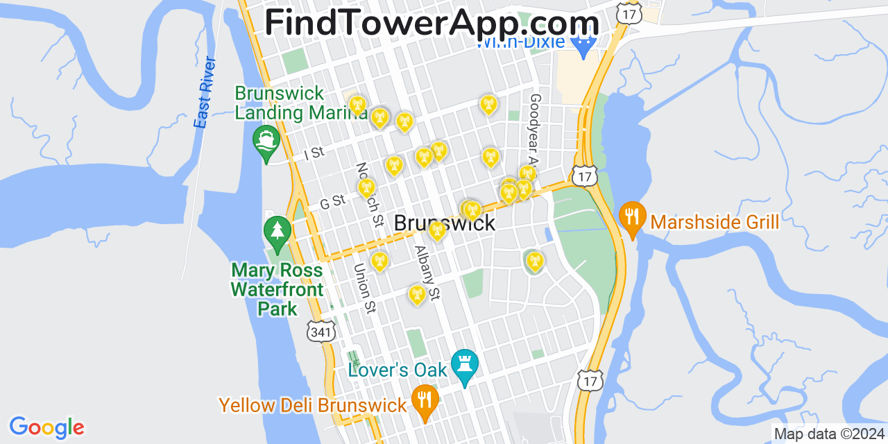 Verizon 4G/5G cell tower coverage map Brunswick, Georgia