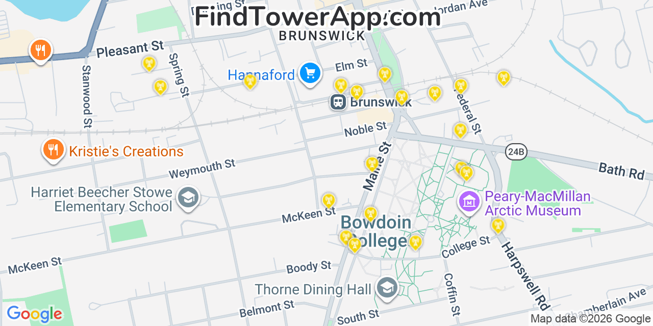 Map showing the 20 primary cell tower locations detected in Brunswick, Maine from AT&T, Verizon, and T-Mobile networks