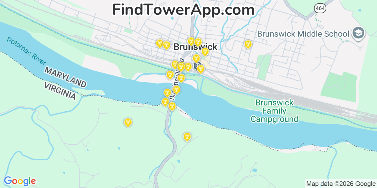 Map showing the 20 primary cell tower locations detected in Brunswick, Maryland from AT&T, Verizon, and T-Mobile networks