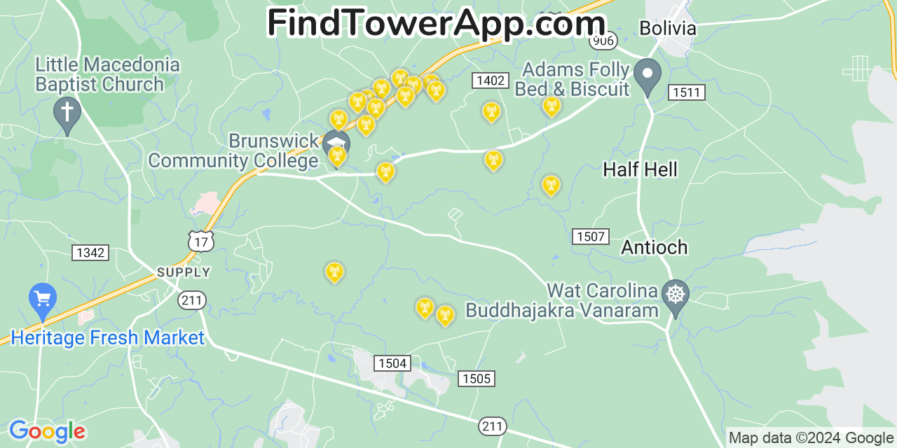 AT&T 4G/5G cell tower coverage map Brunswick, North Carolina