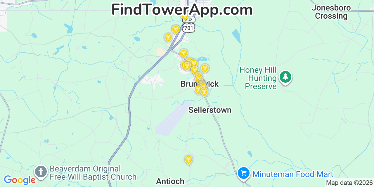 Map showing the 20 primary cell tower locations detected in Brunswick, North Carolina from AT&T, Verizon, and T-Mobile networks