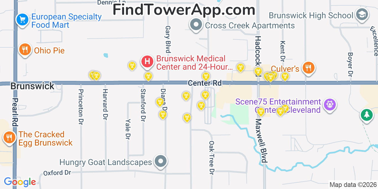 Map showing the 20 primary cell tower locations detected in Brunswick, Ohio from AT&T, Verizon, and T-Mobile networks