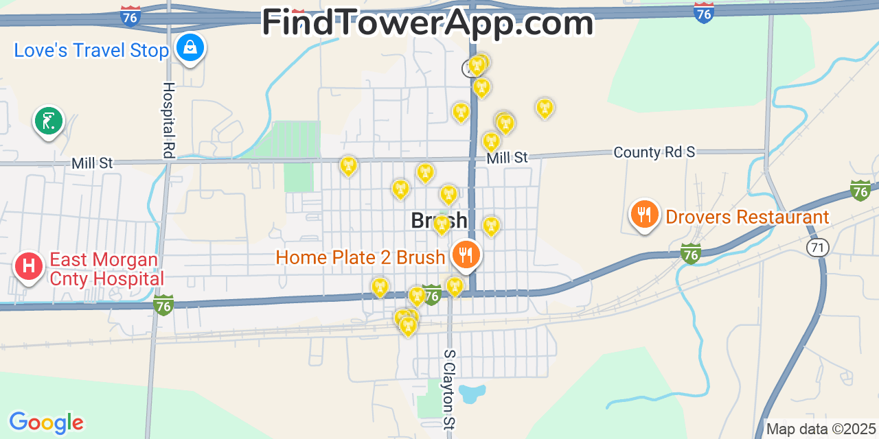 Map showing the 20 primary cell tower locations detected in Brush, Colorado from AT&T, Verizon, and T-Mobile networks