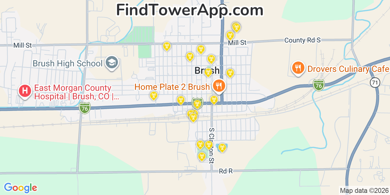 Map showing the 20 primary cell tower locations detected in Brush, Colorado from AT&T, Verizon, and T-Mobile networks