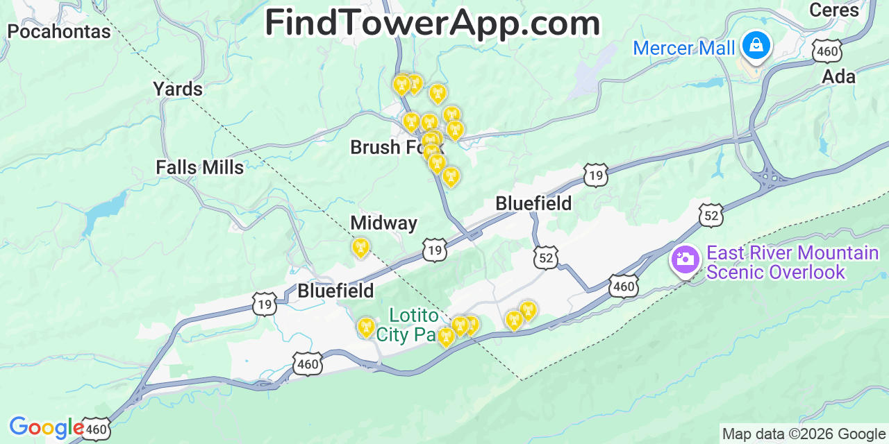 Map showing the 20 primary cell tower locations detected in Brush Fork, West Virginia from AT&T, Verizon, and T-Mobile networks