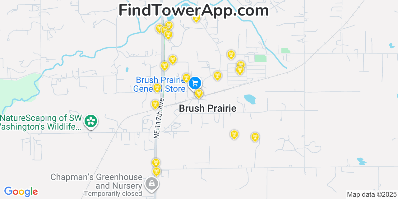 Map showing the 20 primary cell tower locations detected in Brush Prairie, Washington from AT&T, Verizon, and T-Mobile networks