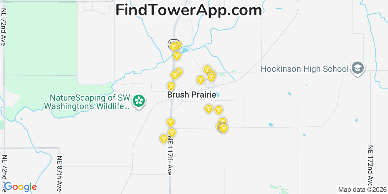 Map showing the 20 primary cell tower locations detected in Brush Prairie, Washington from AT&T, Verizon, and T-Mobile networks