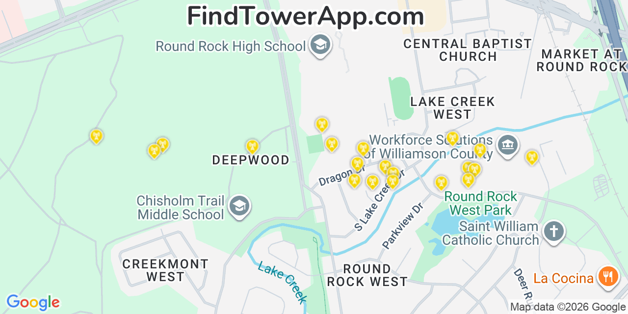 Map showing the 20 primary cell tower locations detected in Brushy Creek, Texas from AT&T, Verizon, and T-Mobile networks