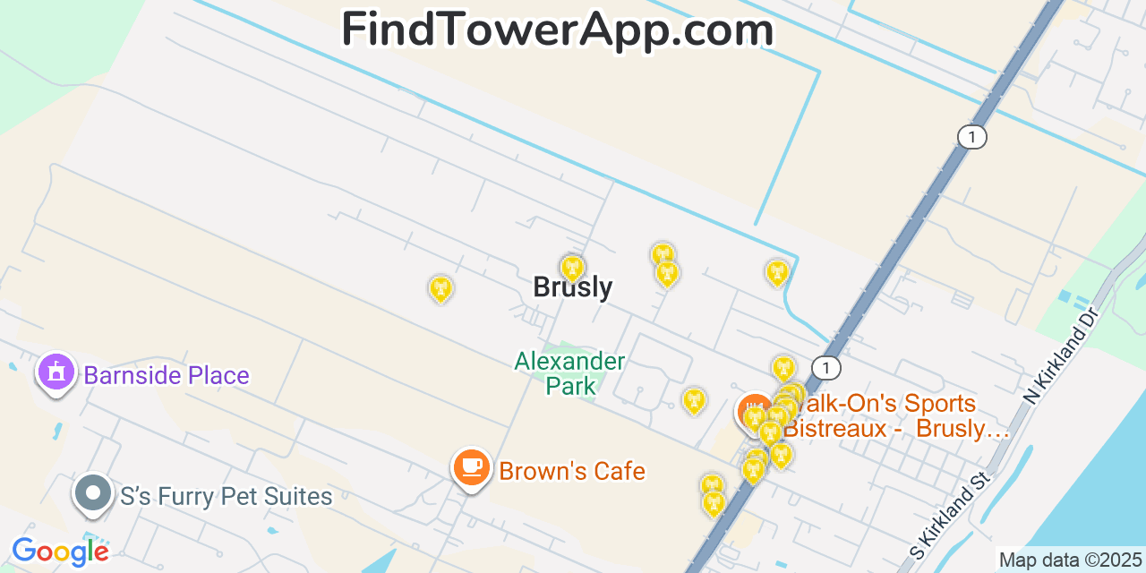 Map showing the 20 primary cell tower locations detected in Brusly, Louisiana from AT&T, Verizon, and T-Mobile networks