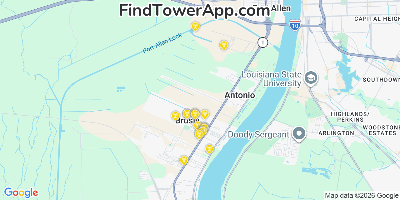 Map showing the 20 primary cell tower locations detected in Brusly, Louisiana from AT&T, Verizon, and T-Mobile networks