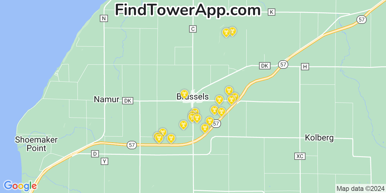 AT&T 4G/5G cell tower coverage map Brussels, Wisconsin