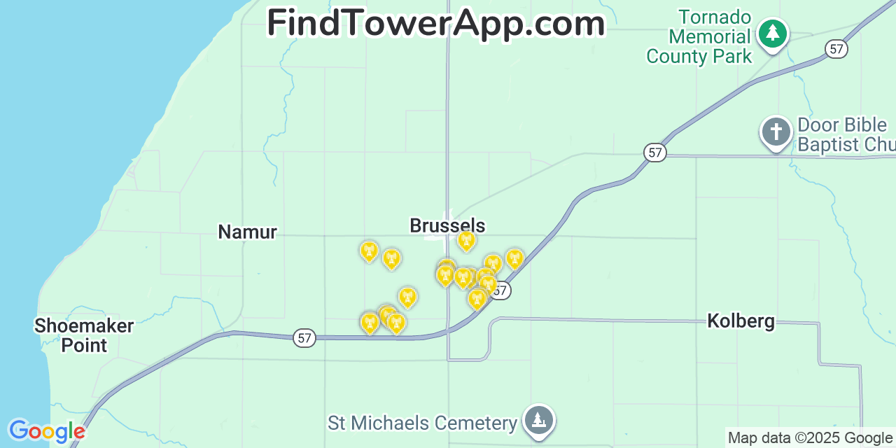 Map showing the 20 primary cell tower locations detected in Brussels, Wisconsin from AT&T, Verizon, and T-Mobile networks