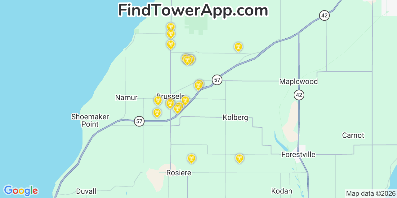 Map showing the 20 primary cell tower locations detected in Brussels, Wisconsin from AT&T, Verizon, and T-Mobile networks