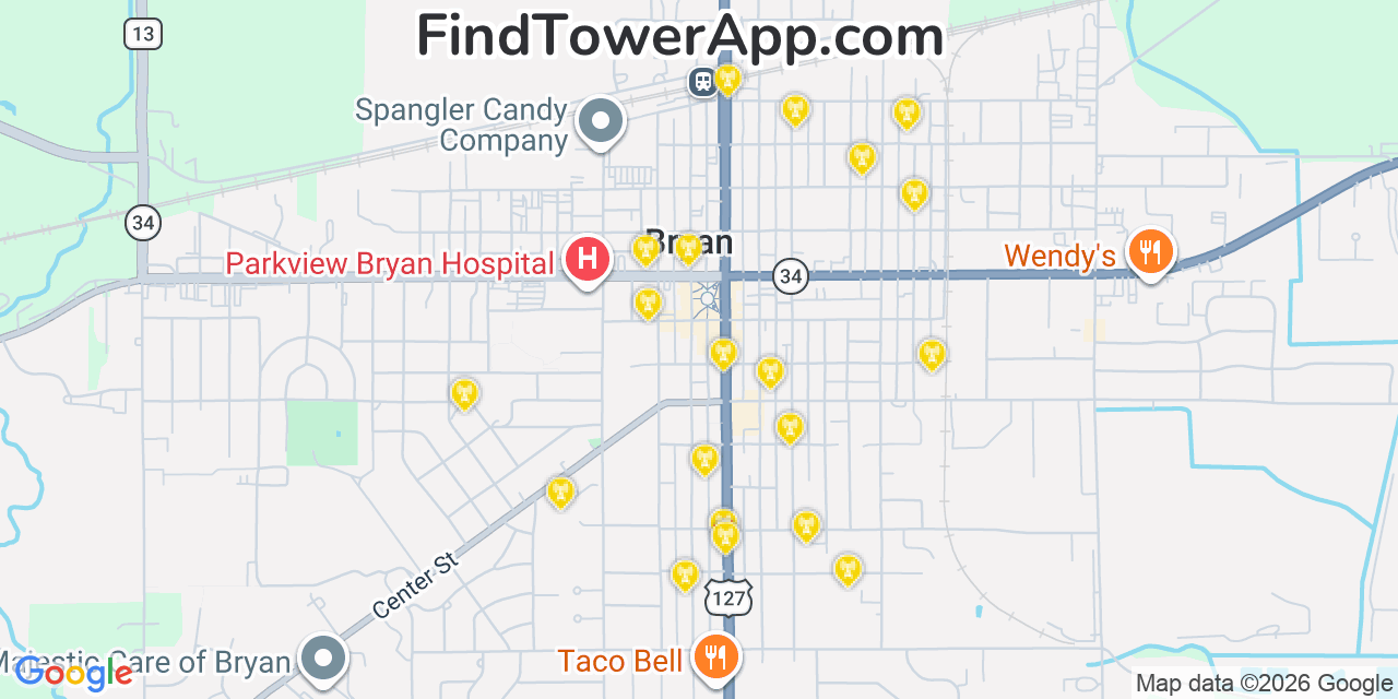 Map showing the 20 primary cell tower locations detected in Bryan, Ohio from AT&T, Verizon, and T-Mobile networks