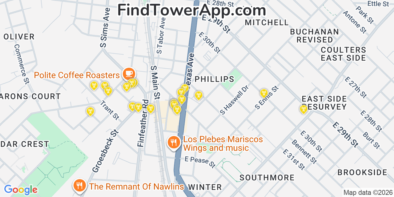 Map showing the 20 primary cell tower locations detected in Bryan, Texas from AT&T, Verizon, and T-Mobile networks