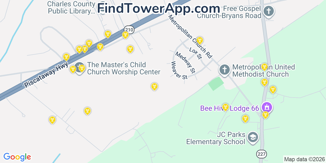 Map showing the 20 primary cell tower locations detected in Bryans Road, Maryland from AT&T, Verizon, and T-Mobile networks