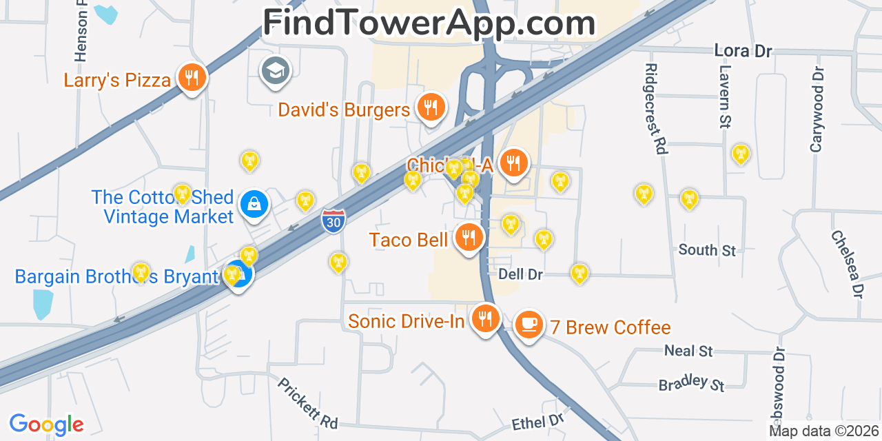 Map showing the 20 primary cell tower locations detected in Bryant, Arkansas from AT&T, Verizon, and T-Mobile networks