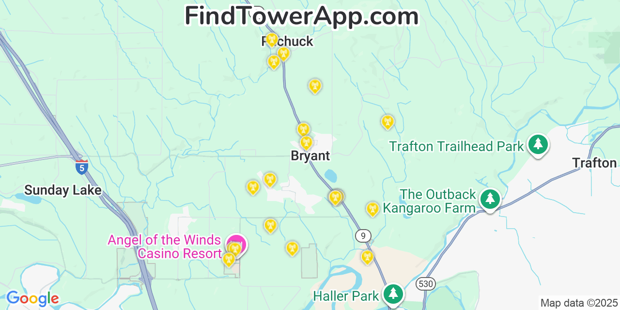 Map showing the 20 primary cell tower locations detected in Bryant, Washington from AT&T, Verizon, and T-Mobile networks