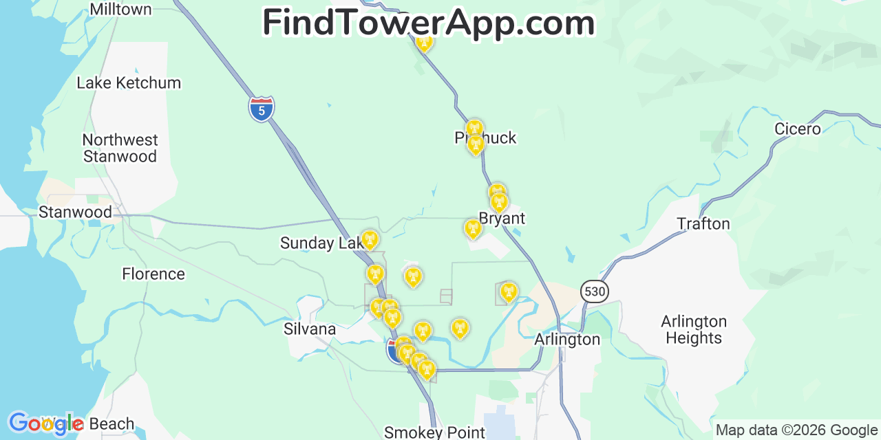 Map showing the 20 primary cell tower locations detected in Bryant, Washington from AT&T, Verizon, and T-Mobile networks