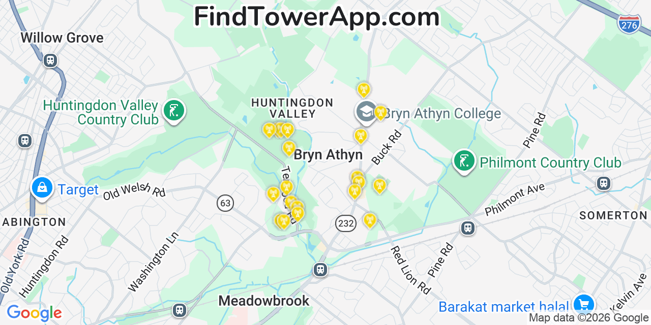 Map showing the 20 primary cell tower locations detected in Bryn Athyn, Pennsylvania from AT&T, Verizon, and T-Mobile networks