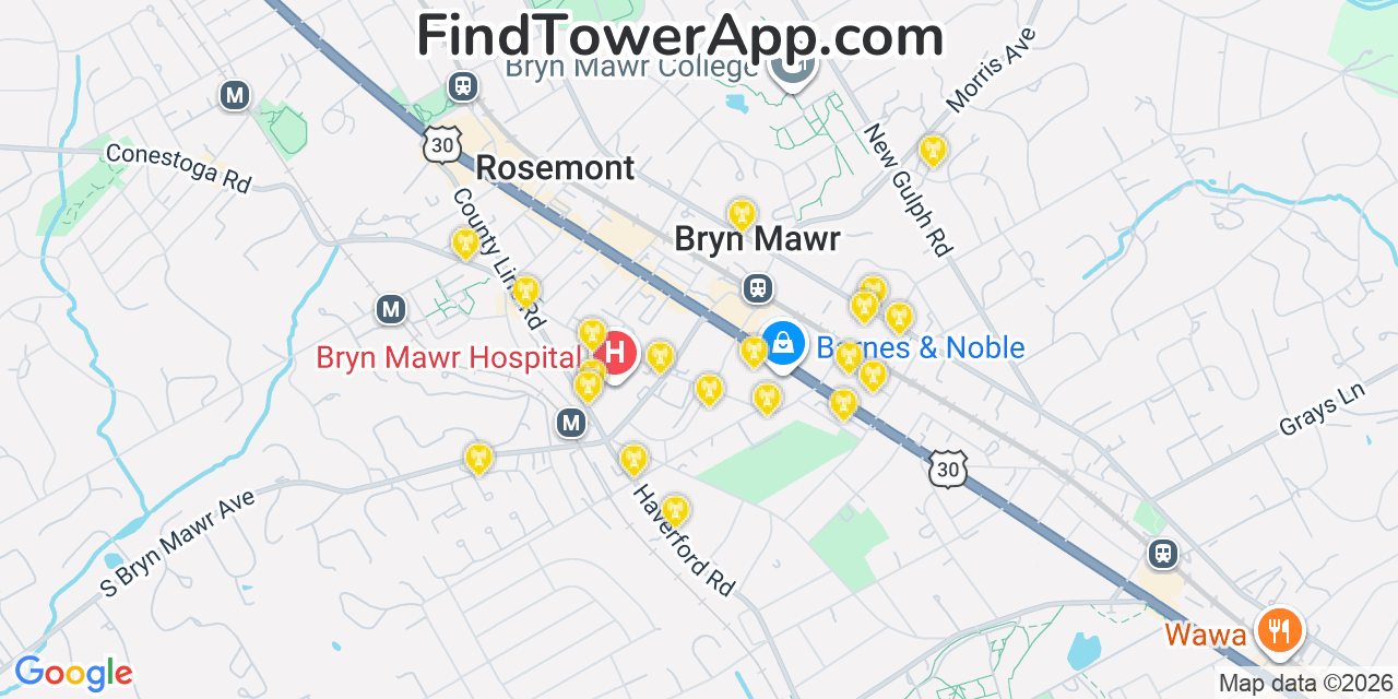 Map showing the 20 primary cell tower locations detected in Bryn Mawr, Pennsylvania from AT&T, Verizon, and T-Mobile networks