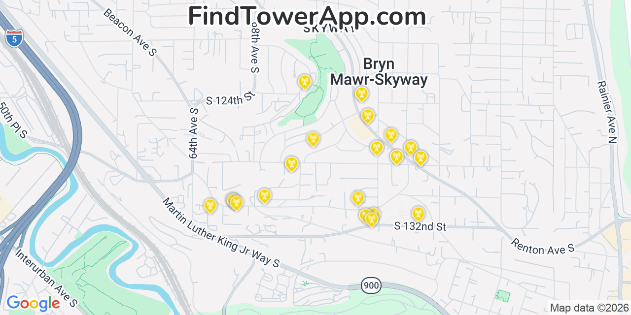 Map showing the 20 primary cell tower locations detected in Bryn Mawr Skyway, Washington from AT&T, Verizon, and T-Mobile networks