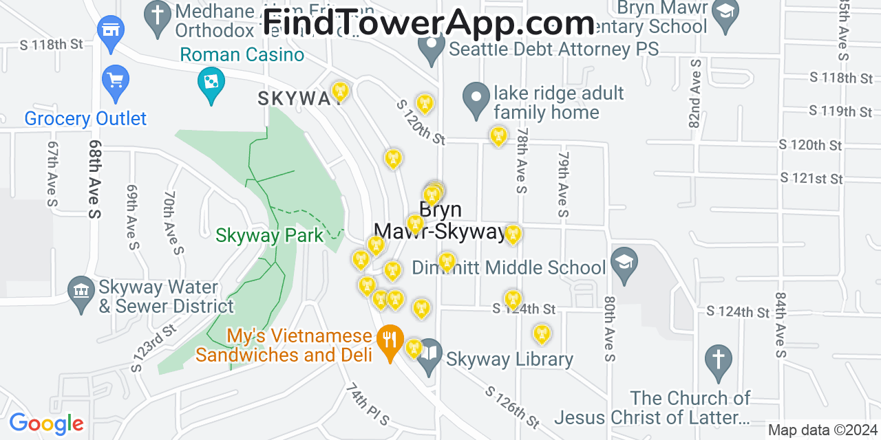 Verizon 4G/5G cell tower coverage map Bryn Mawr Skyway, Washington