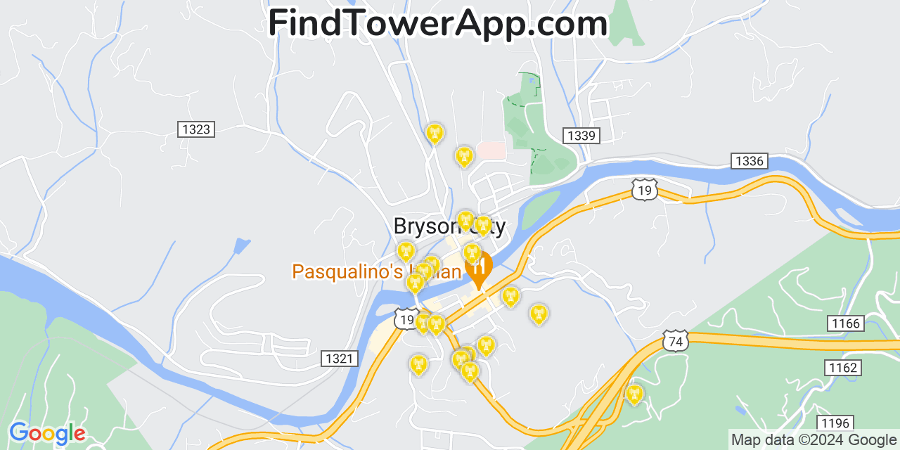 AT&T 4G/5G cell tower coverage map Bryson City, North Carolina