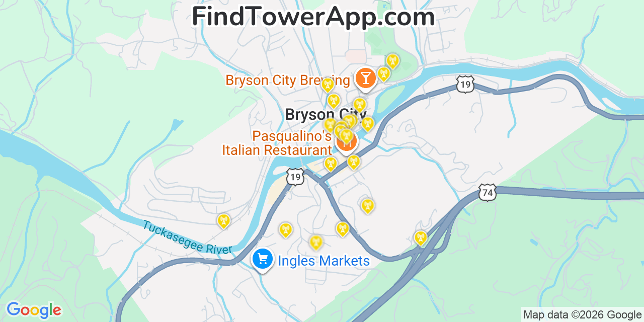 Map showing the 20 primary cell tower locations detected in Bryson City, North Carolina from AT&T, Verizon, and T-Mobile networks