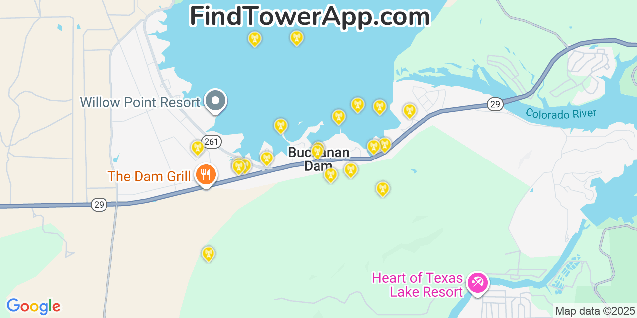 Map showing the 20 primary cell tower locations detected in Buchanan Dam, Texas from AT&T, Verizon, and T-Mobile networks