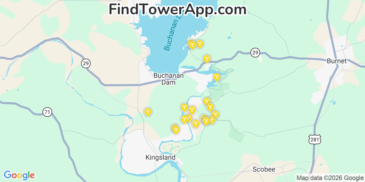 Map showing the 20 primary cell tower locations detected in Buchanan Dam, Texas from AT&T, Verizon, and T-Mobile networks
