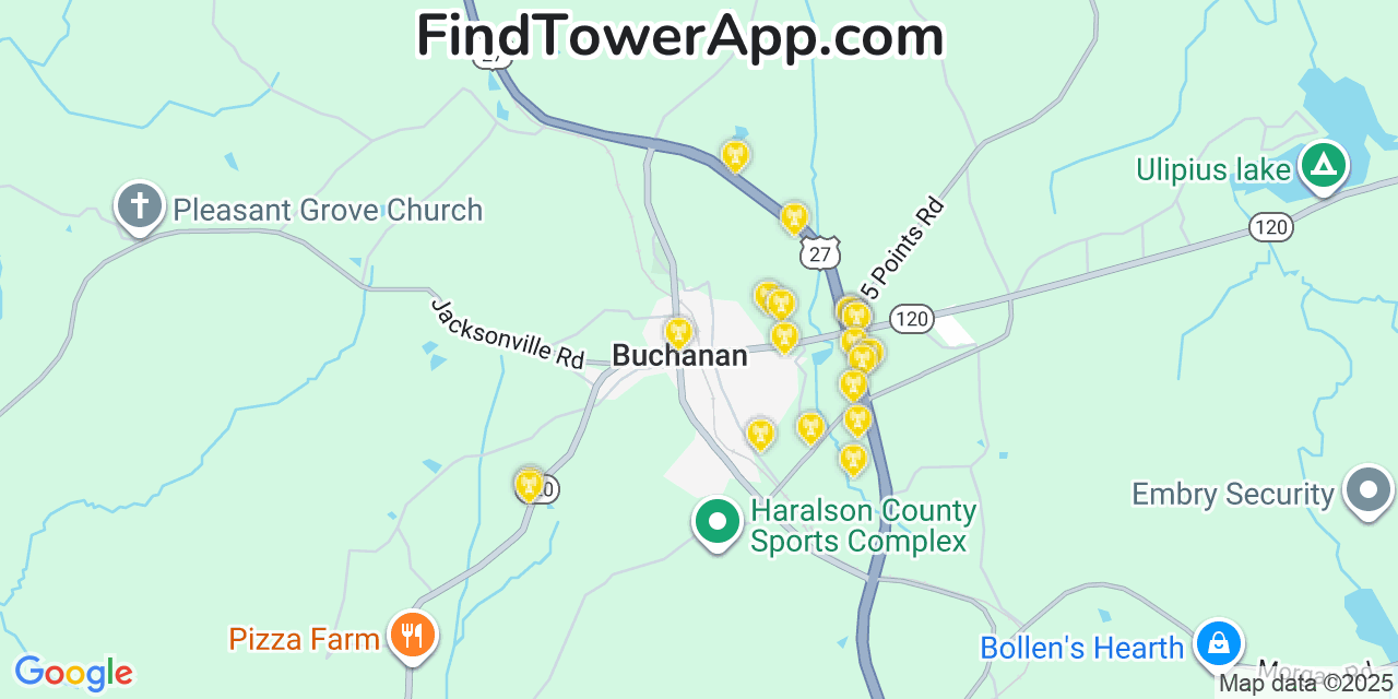Map showing the 20 primary cell tower locations detected in Buchanan, Georgia from AT&T, Verizon, and T-Mobile networks