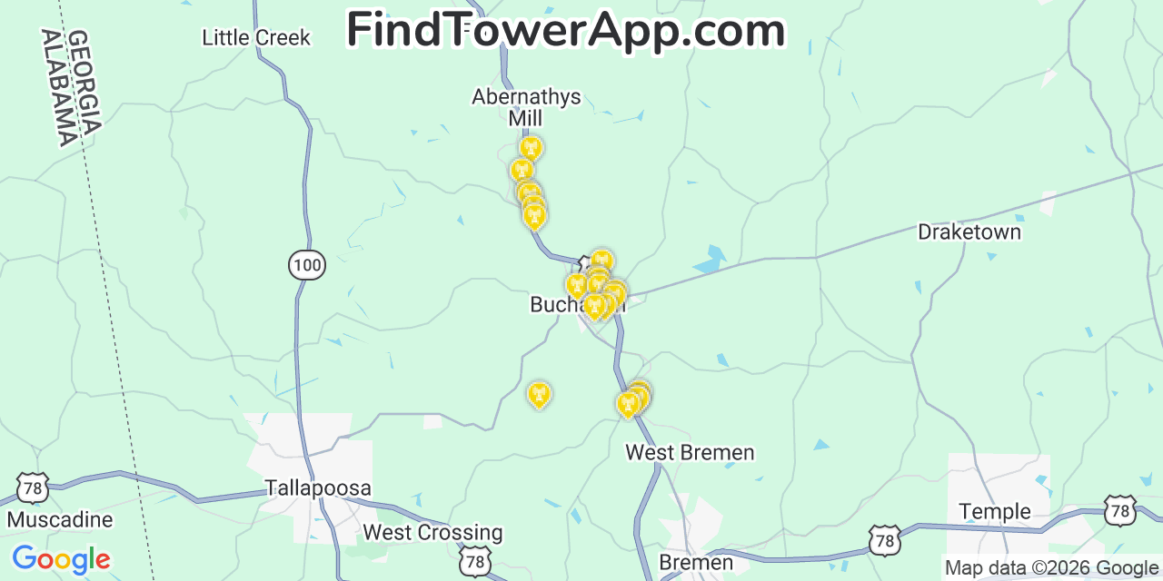 Map showing the 20 primary cell tower locations detected in Buchanan, Georgia from AT&T, Verizon, and T-Mobile networks