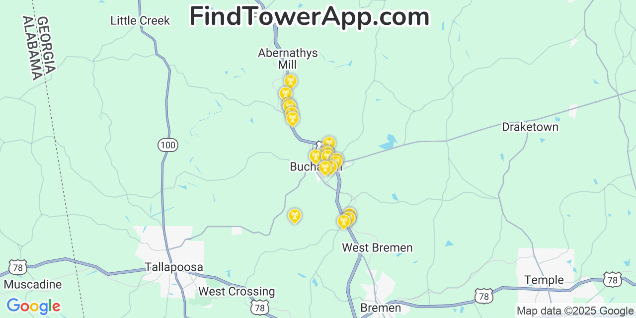 Map showing the 20 primary Mobitel cell tower locations detected in Buchanan, Georgia with coverage radius and signal strength indicators