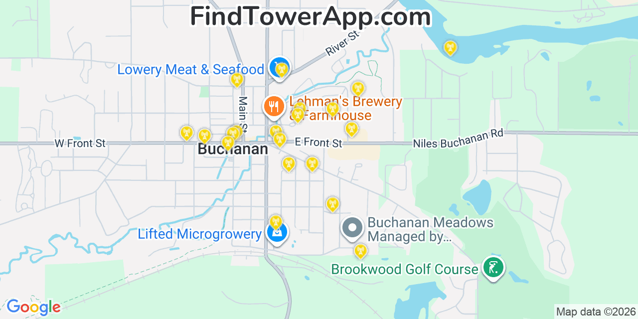 Map showing the 20 primary cell tower locations detected in Buchanan, Michigan from AT&T, Verizon, and T-Mobile networks