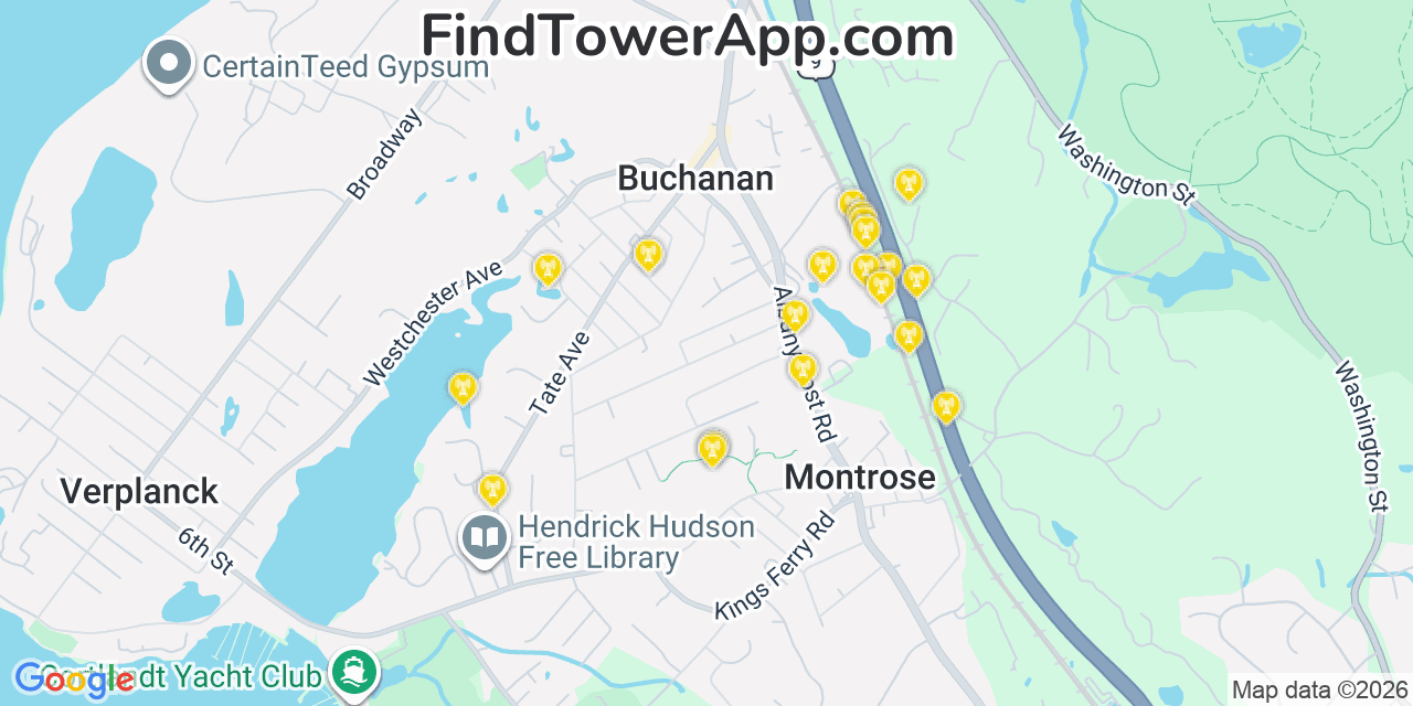 Map showing the 20 primary cell tower locations detected in Buchanan, New York from AT&T, Verizon, and T-Mobile networks