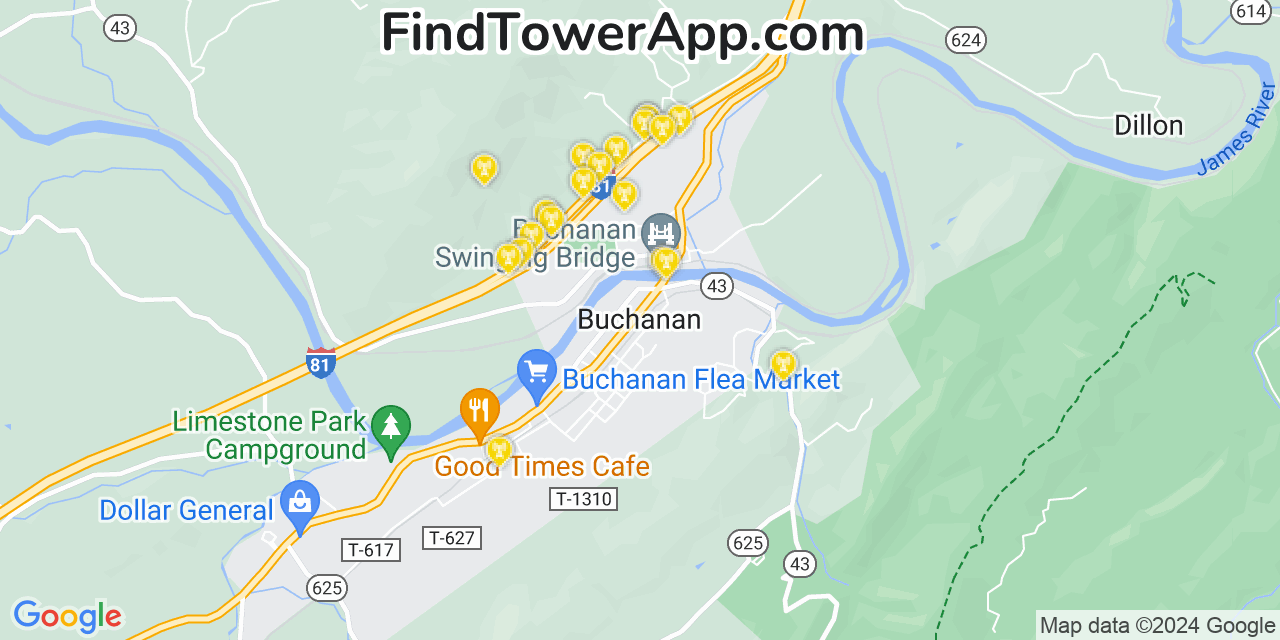 AT&T 4G/5G cell tower coverage map Buchanan, Virginia