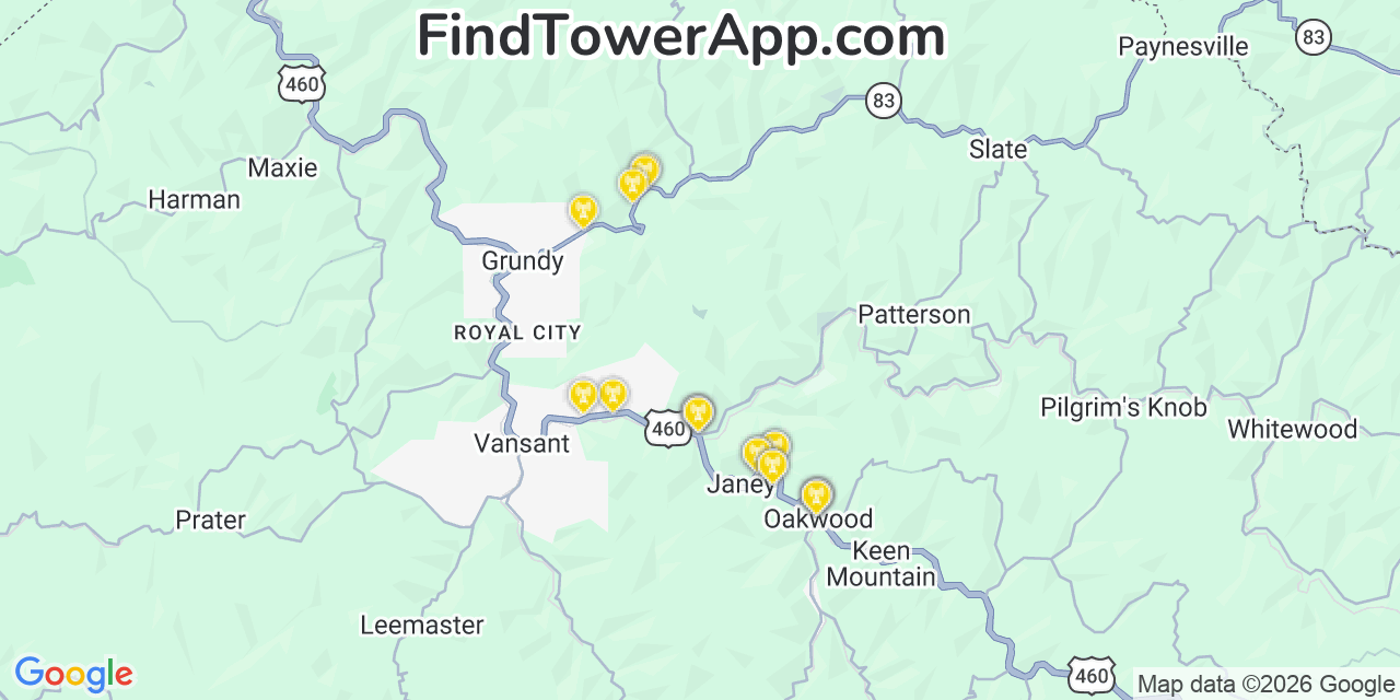 Map showing the 20 primary cell tower locations detected in Buchanan, Virginia from AT&T, Verizon, and T-Mobile networks
