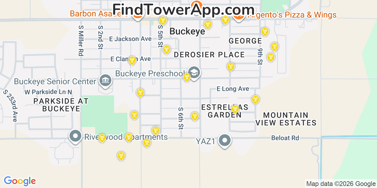 Map showing the 20 primary cell tower locations detected in Buckeye, Arizona from AT&T, Verizon, and T-Mobile networks
