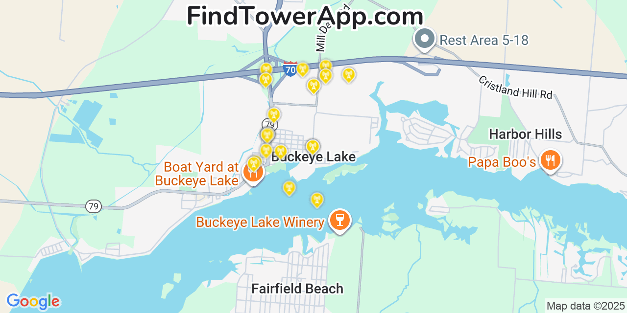 Map showing the 20 primary cell tower locations detected in Buckeye Lake, Ohio from AT&T, Verizon, and T-Mobile networks