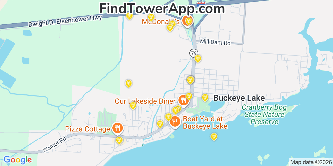 Map showing the 20 primary cell tower locations detected in Buckeye Lake, Ohio from AT&T, Verizon, and T-Mobile networks