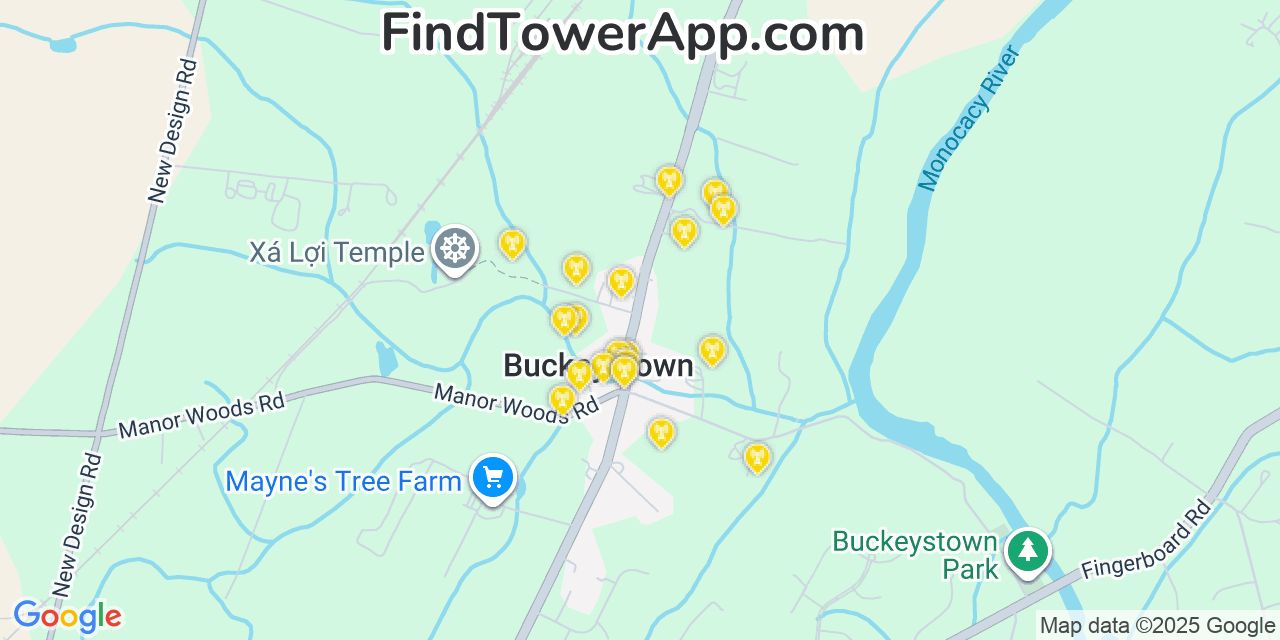 Map showing the 20 primary cell tower locations detected in Buckeystown, Maryland from AT&T, Verizon, and T-Mobile networks