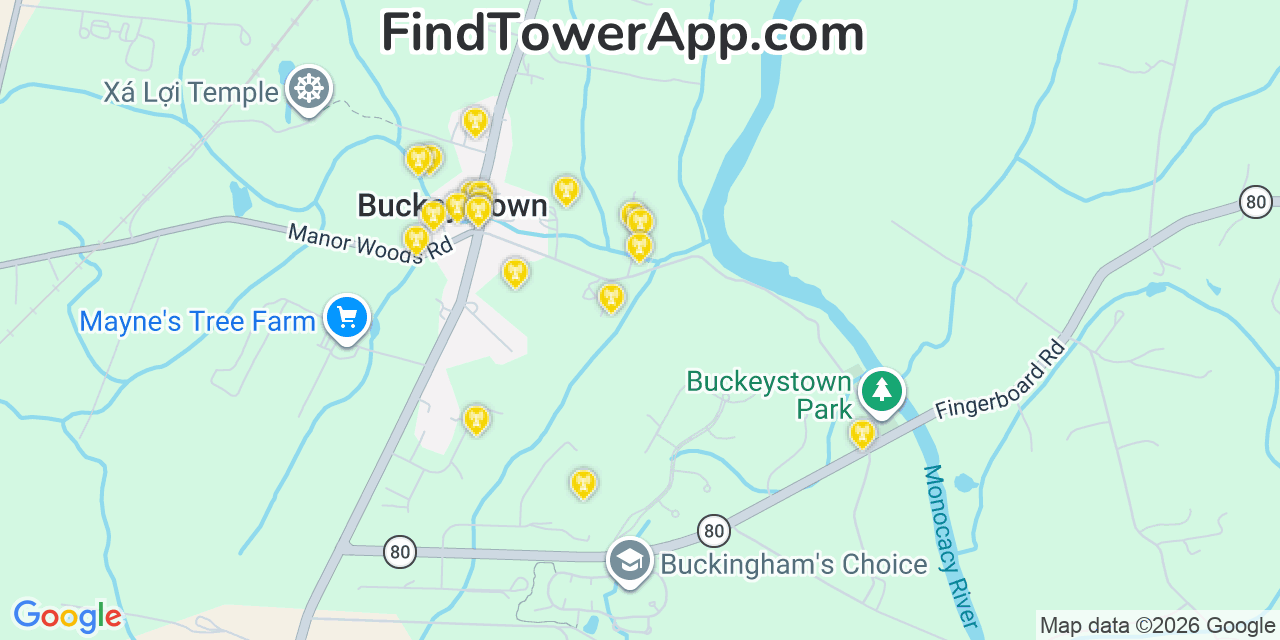 Map showing the 20 primary cell tower locations detected in Buckeystown, Maryland from AT&T, Verizon, and T-Mobile networks
