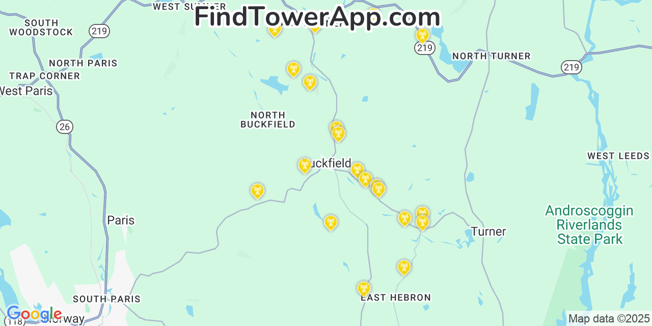 Map showing the 20 primary cell tower locations detected in Buckfield, Maine from AT&T, Verizon, and T-Mobile networks