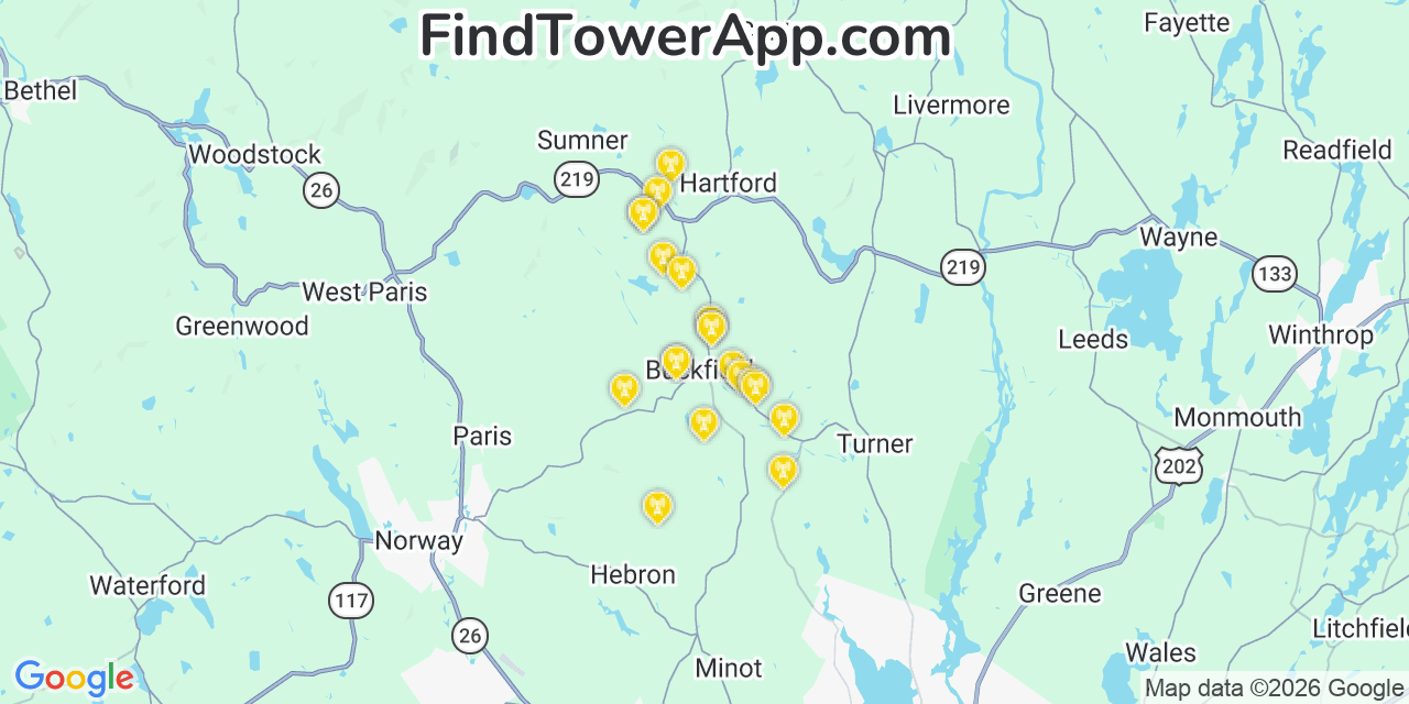 Map showing the 20 primary cell tower locations detected in Buckfield, Maine from AT&T, Verizon, and T-Mobile networks