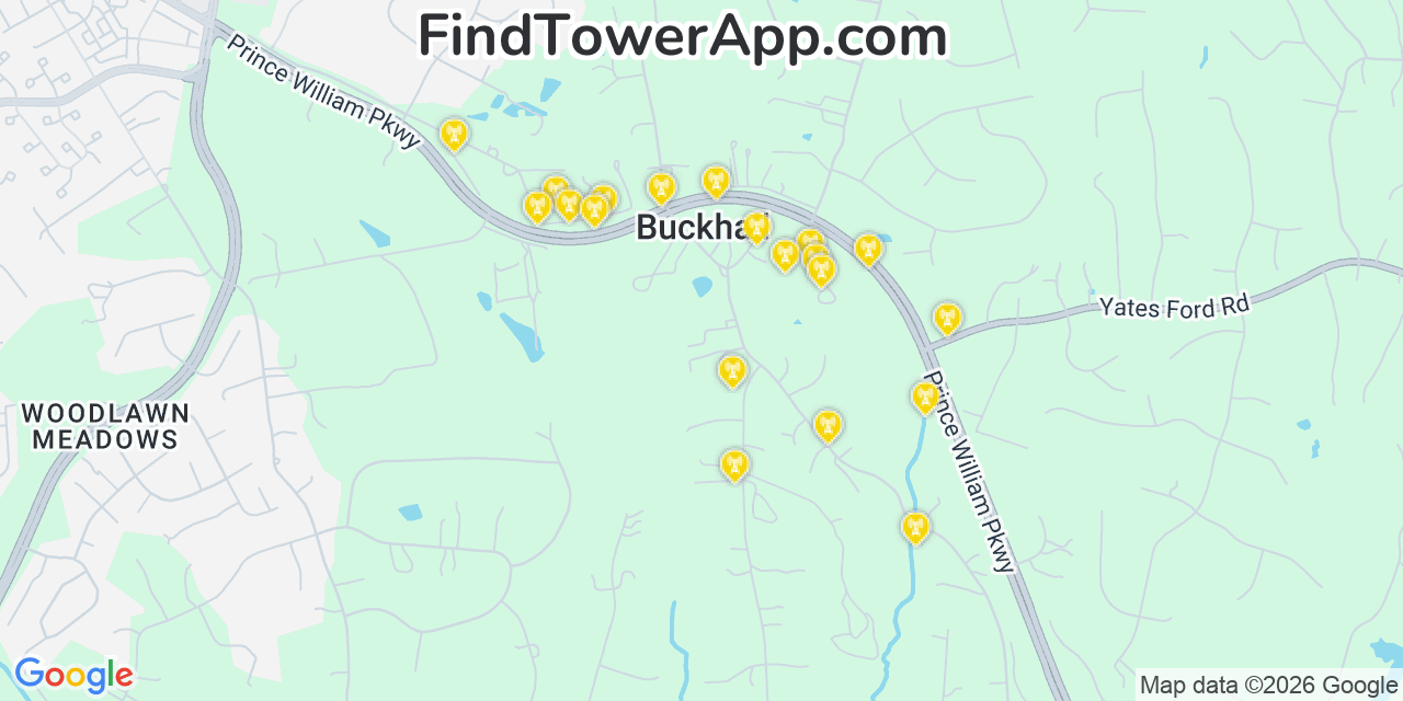 Map showing the 20 primary cell tower locations detected in Buckhall, Virginia from AT&T, Verizon, and T-Mobile networks